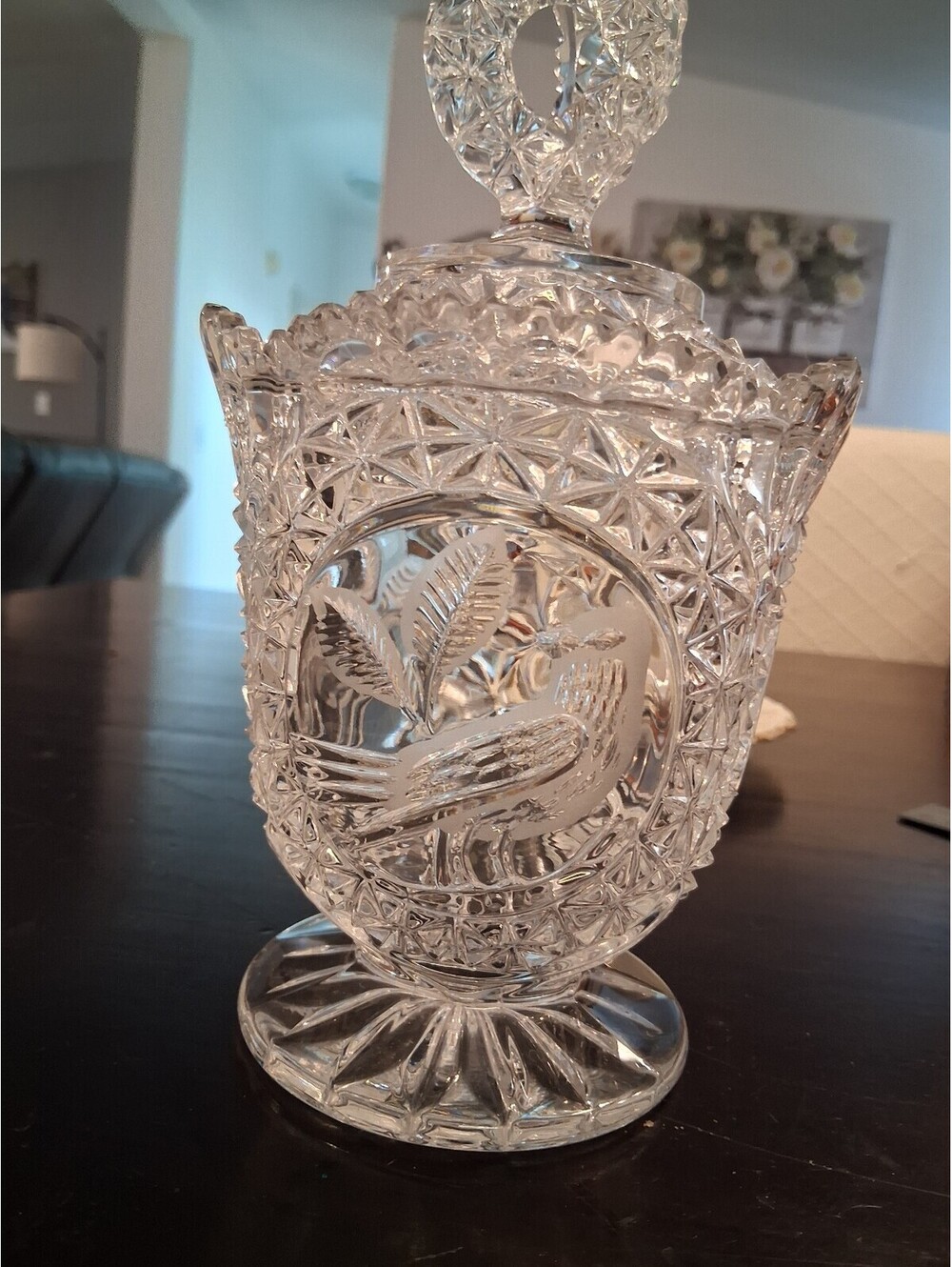 Vintage Cut Glass Covered Sugar Bowl with Bird Motif